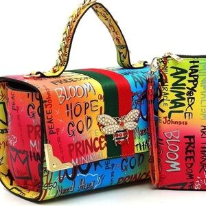 Colorful 2-in-1 Trendy Multi Graffiti Queen Bee Boxy Satchel with Wallet Yel/Red